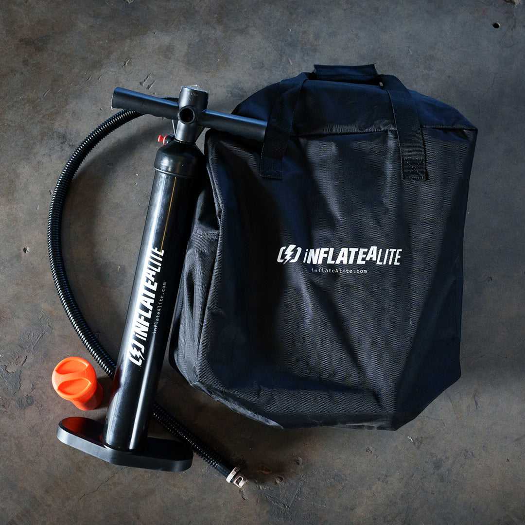 InflateALite 12x12 Butterfly Frame Photography Softbox kit with manual air pump and carrying bag for portable light control setup.
