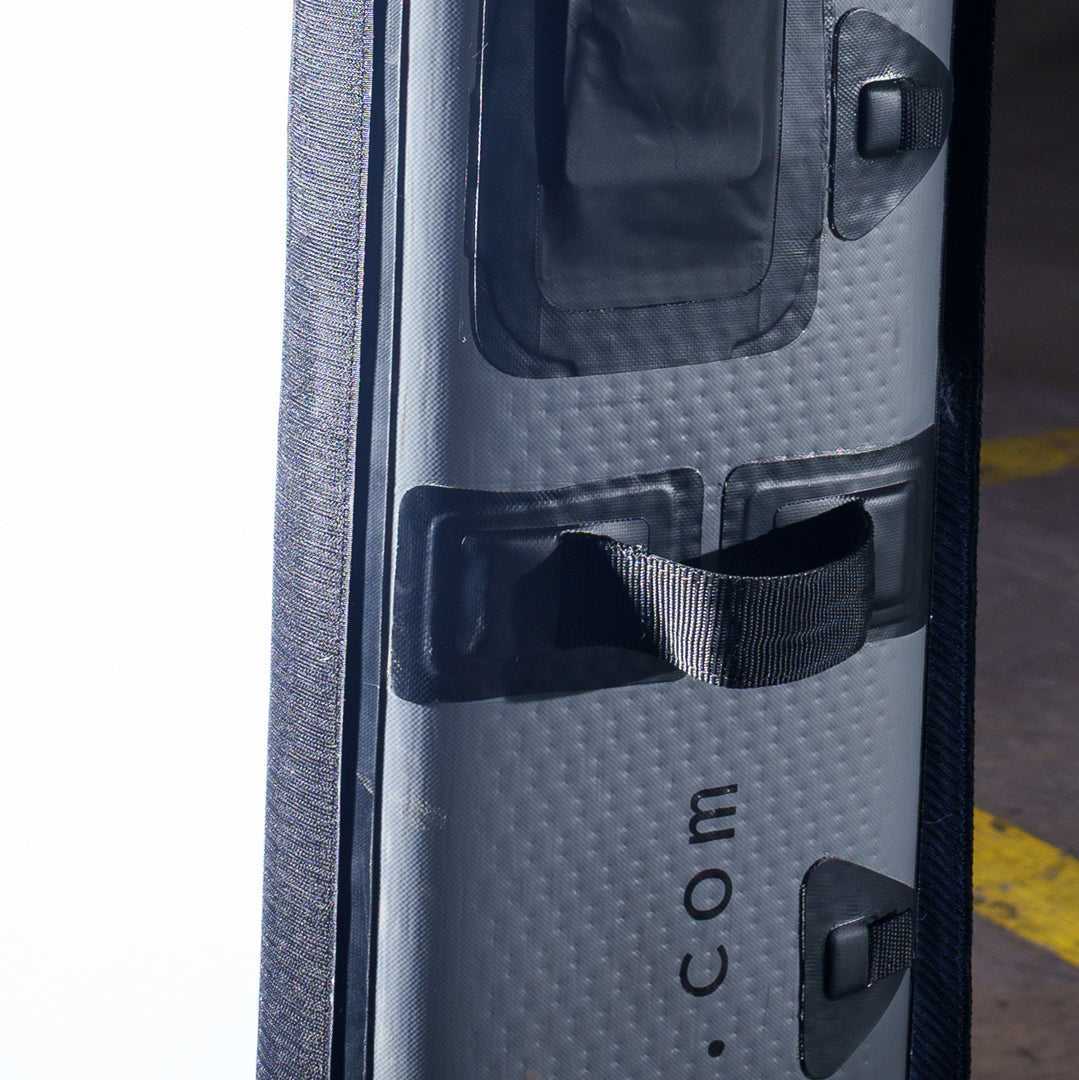 Close-up of 8x8 Butterfly Frame showing durable inflatable structure and carry handle for portable soft light setup in photography.
