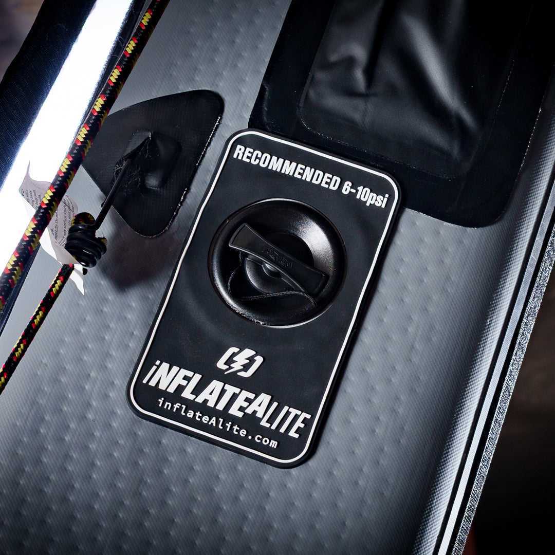 Close-up of InflateALite valve on 8x8 Butterfly Frame for portable frame lighting, showing recommended 8-10 psi inflation for soft light setup.