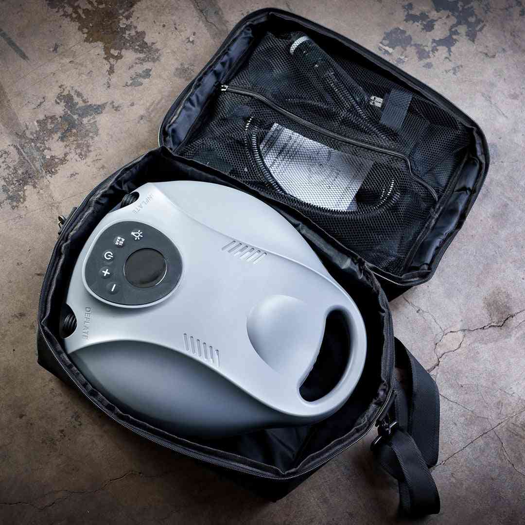 Li Battery Air Pump in carrying case with hose and mesh pocket, designed for fast, portable inflation of overhead lightbanks in photography setups.