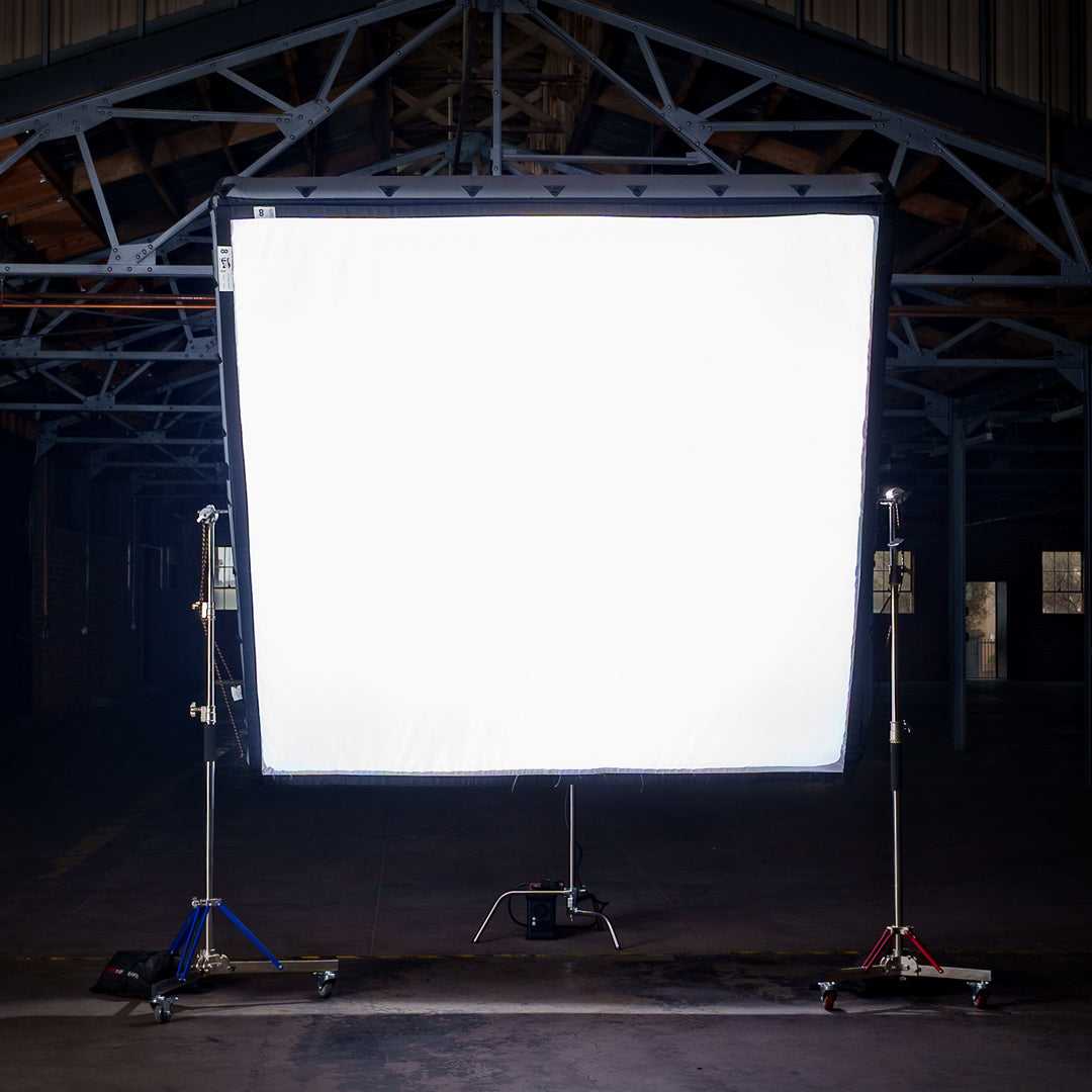 8x8 Butterfly Frame - Portable Frame Lighting setup in warehouse, providing soft light for professional photography and film production.